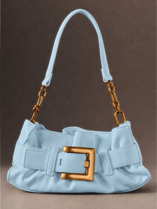Anthropologie Handbags - Anthropologie Petite Moments Light Blue Women’s Shoulder Belt Bag Gold Buckle